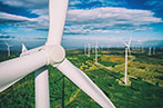 A windfarm in fields of green grass and rapeseed against a cloudy blue sky