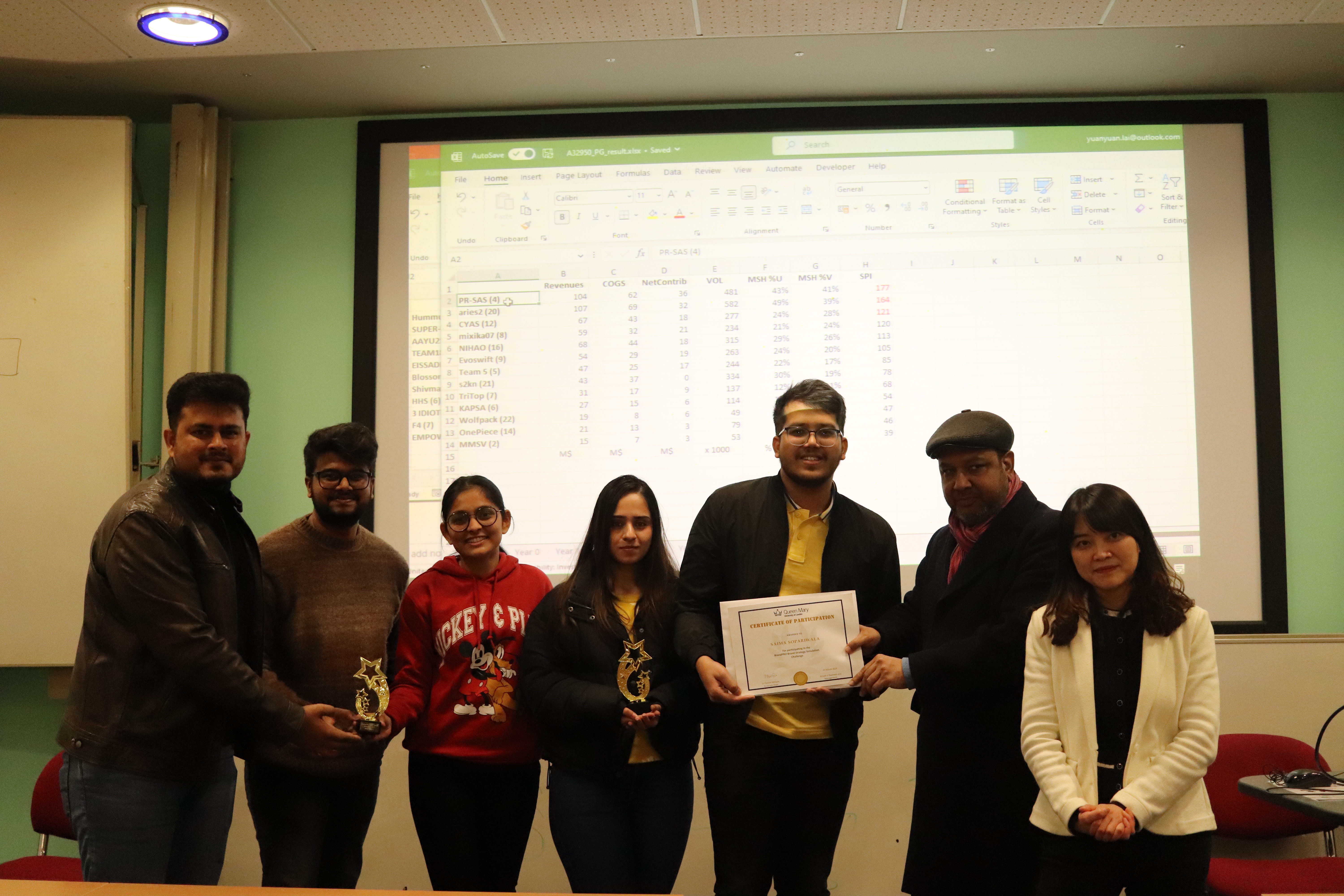 Students who have won the business simulation challenge smiling in front of a whiteboard