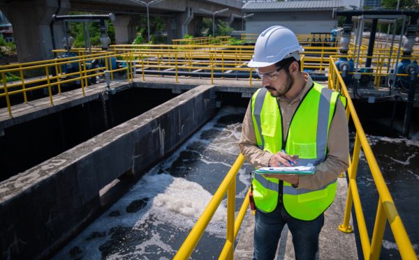 Engineer take water from wastewater treatment pond to check the quality of the water. After going through the wastewater treatment process stock photo