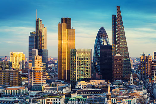 View of London skyscrapers in Bank at sunset