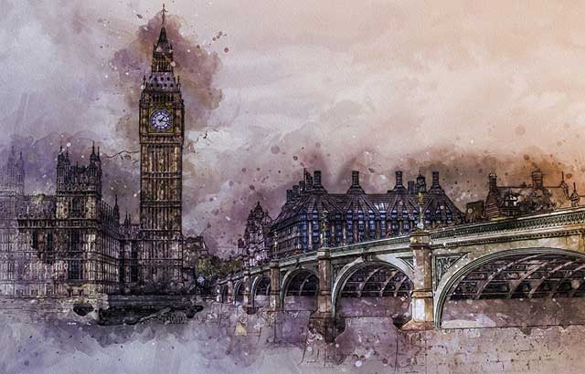 A digital watercolour of Big Ben along the River Thames in London