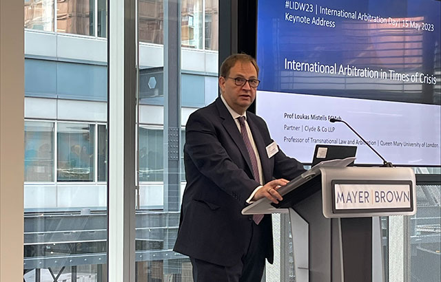 Professor Loukas Mistelis delivering the keynote speech at the London International Disputes Week