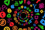 A bunch of tech and social media icons in a spiral on a black background