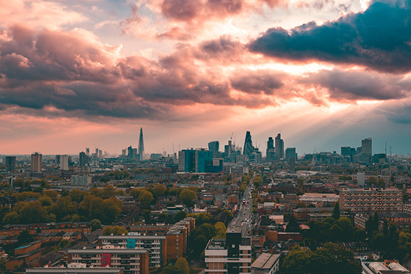 View over London residential buildings looking towards the City