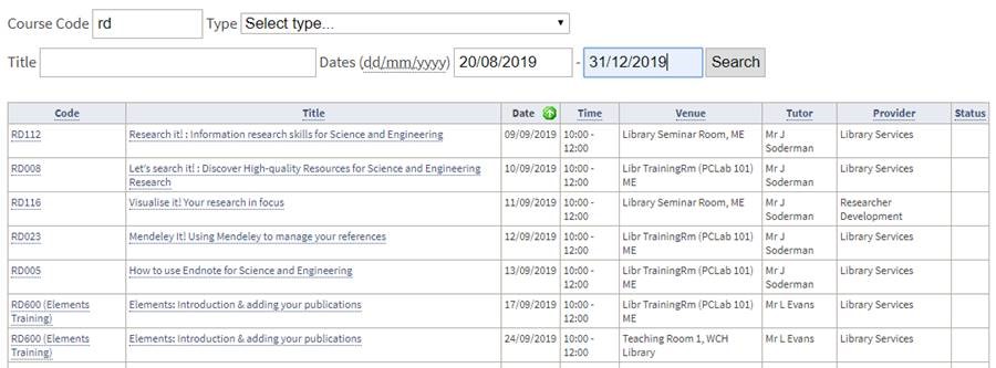 List of Queen Mary Library courses for September 2019