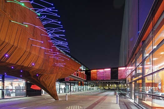 Blizard Neuron Pod building in Whitechapel at night