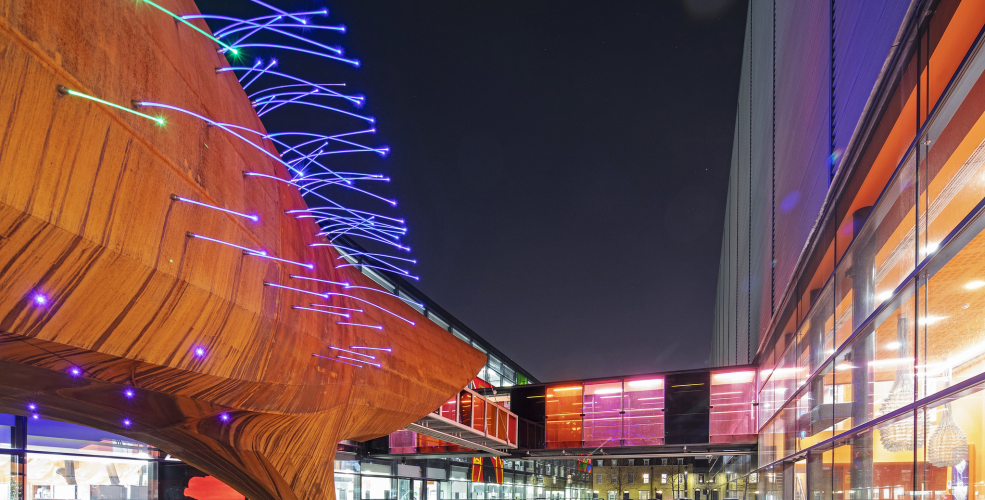 Night photo of the Blizard Building