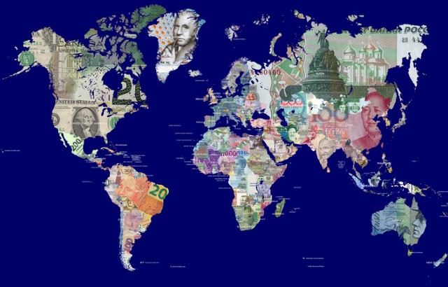 A map of the world made up of banknotes from different countries.