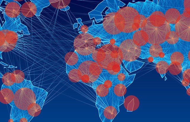 A heatmap of the world with red 'hotspots'