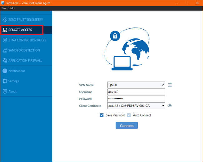 Enter your username, password, user certificate and check the Save Password and Auto-connect boxes