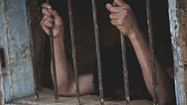 A person in a prison cell holding on to the bars, and their head lying on the wall