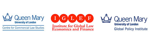 Logos for Centre for Commercial Law studies.Institute for Global Law, Economics and Finance, and Queen Mary Global Policy Institute