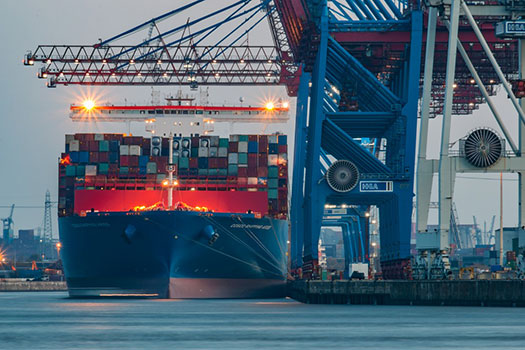 A container ship docked in Hamburg.