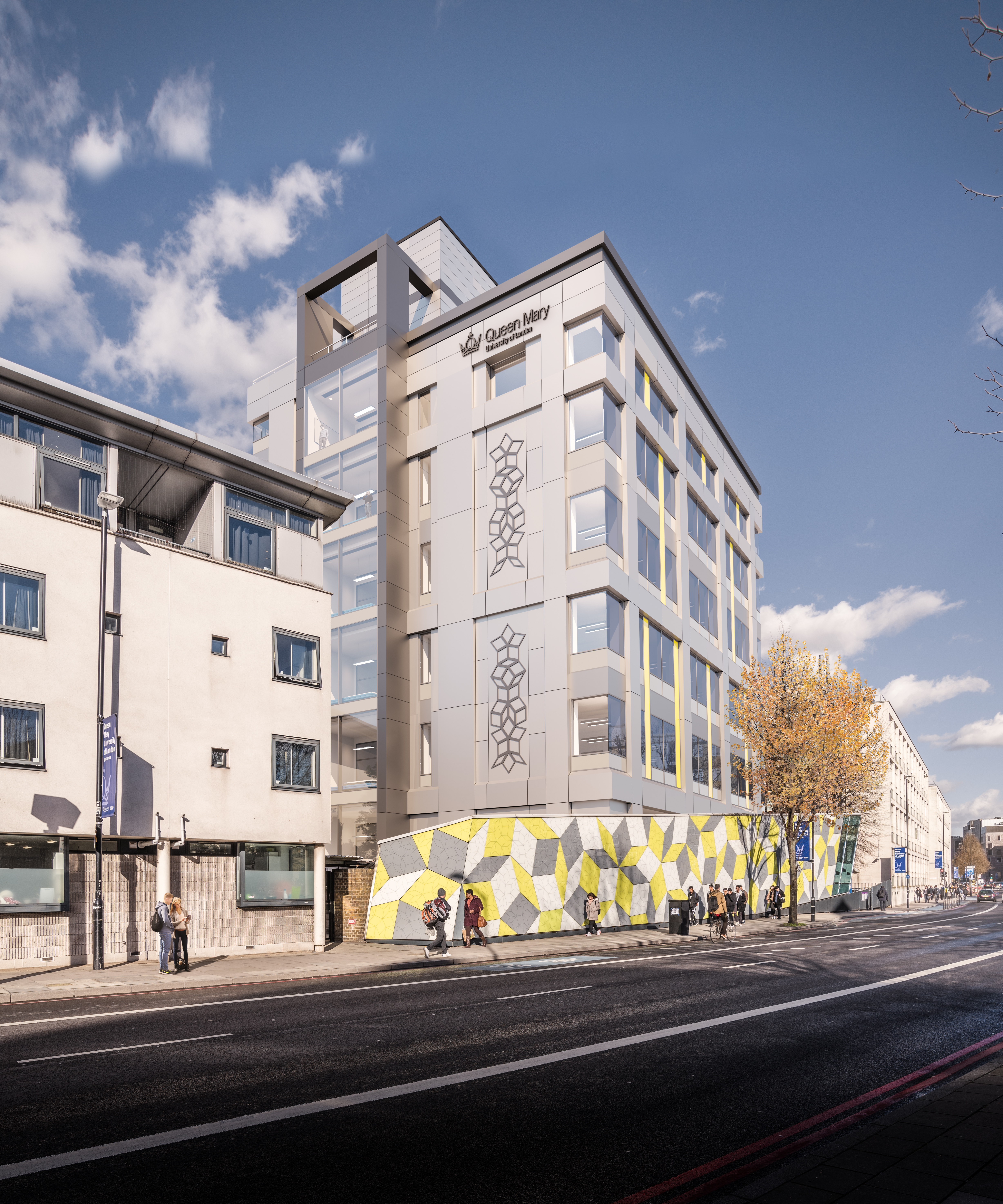 Photograph of the School of Mathematical Sciences building on Mile End Campus, photographed from the perspective of Mile End Road