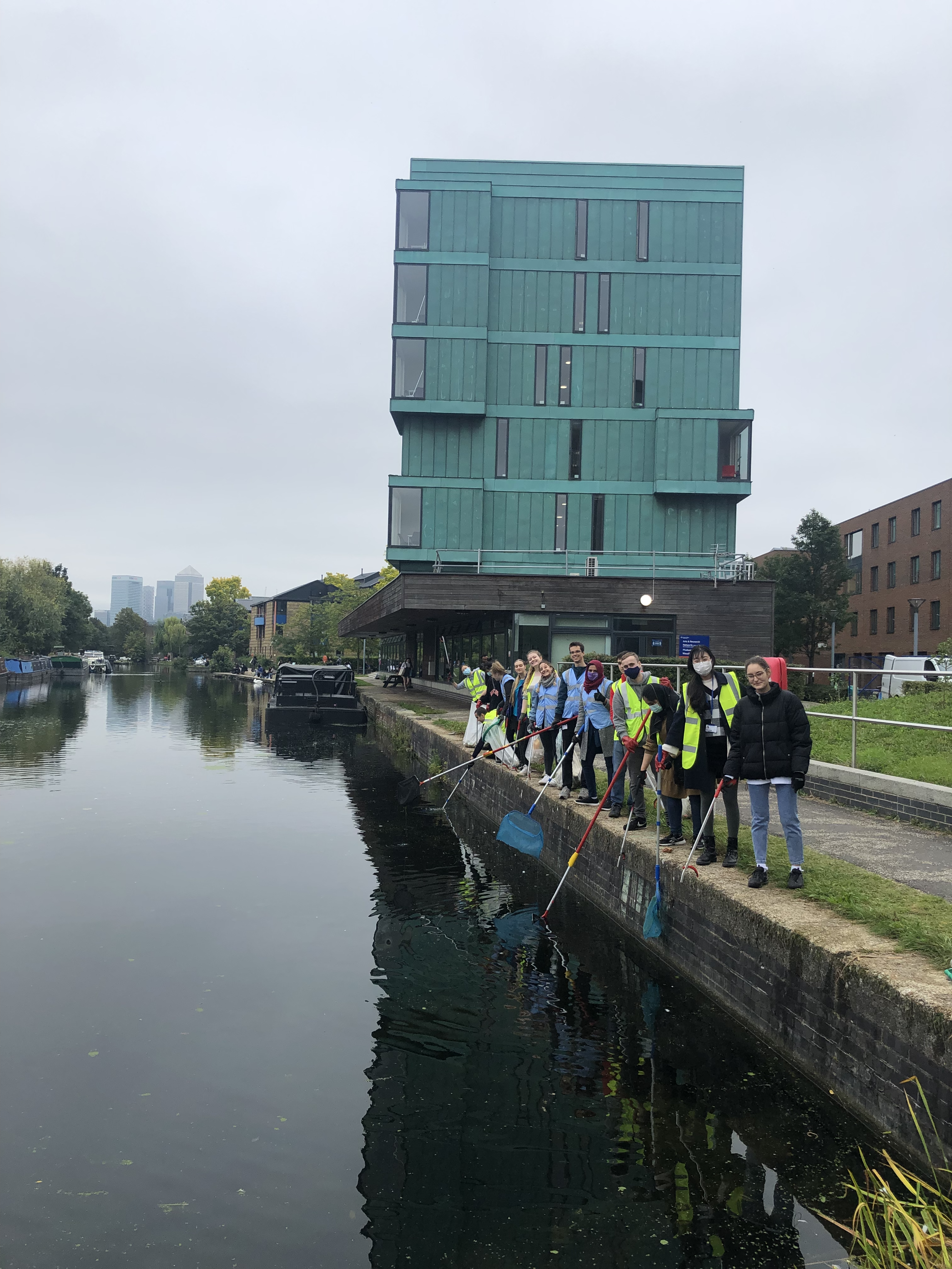 Students with litter pickers next to the Regent's Canal