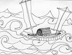 Pen and ink drawing by Linh Vu depicting the boat she escaped in, as a child, with her father from Vietnam