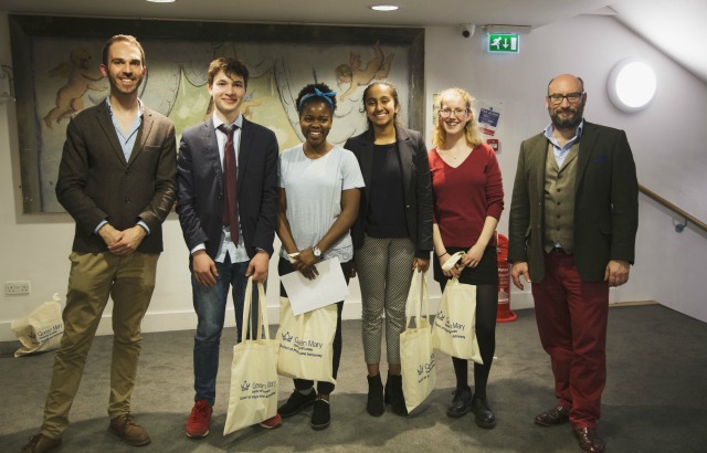 Students from Alleyn’s School with Dr Martin Archer (left) and Professor David Berman (right)