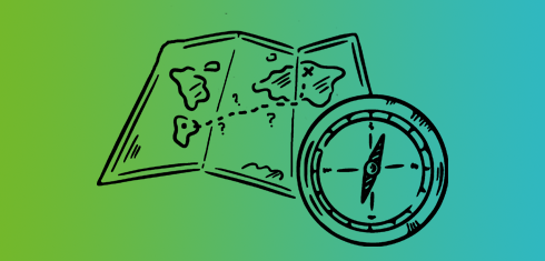 Line drawing of a compass and map on a green and blue gradient