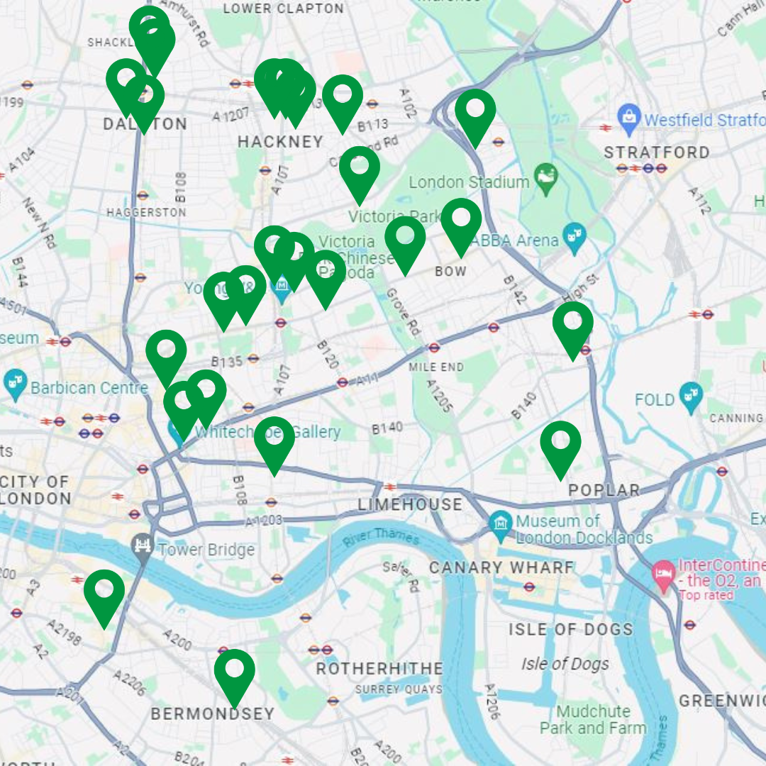 A map of the local area around the Mile End Campus and the Whitechapel campus with markers indicating charity shops.