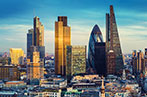 View of London skyscrapers in Bank at sunset