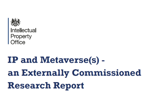 The Intellectual Property Office logo: A coat of arms above the words Intellectual Property Office. This is above some writing in blue: 'IP and Metaverse(s) - an Externally Commissioned Research Report'.