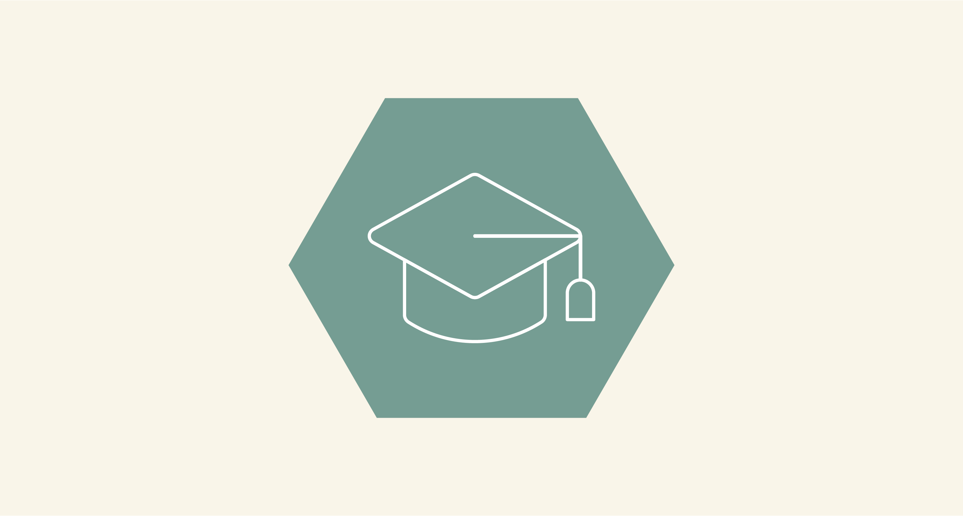 A green hexagon shape featuring a white icon of a graduation cap.