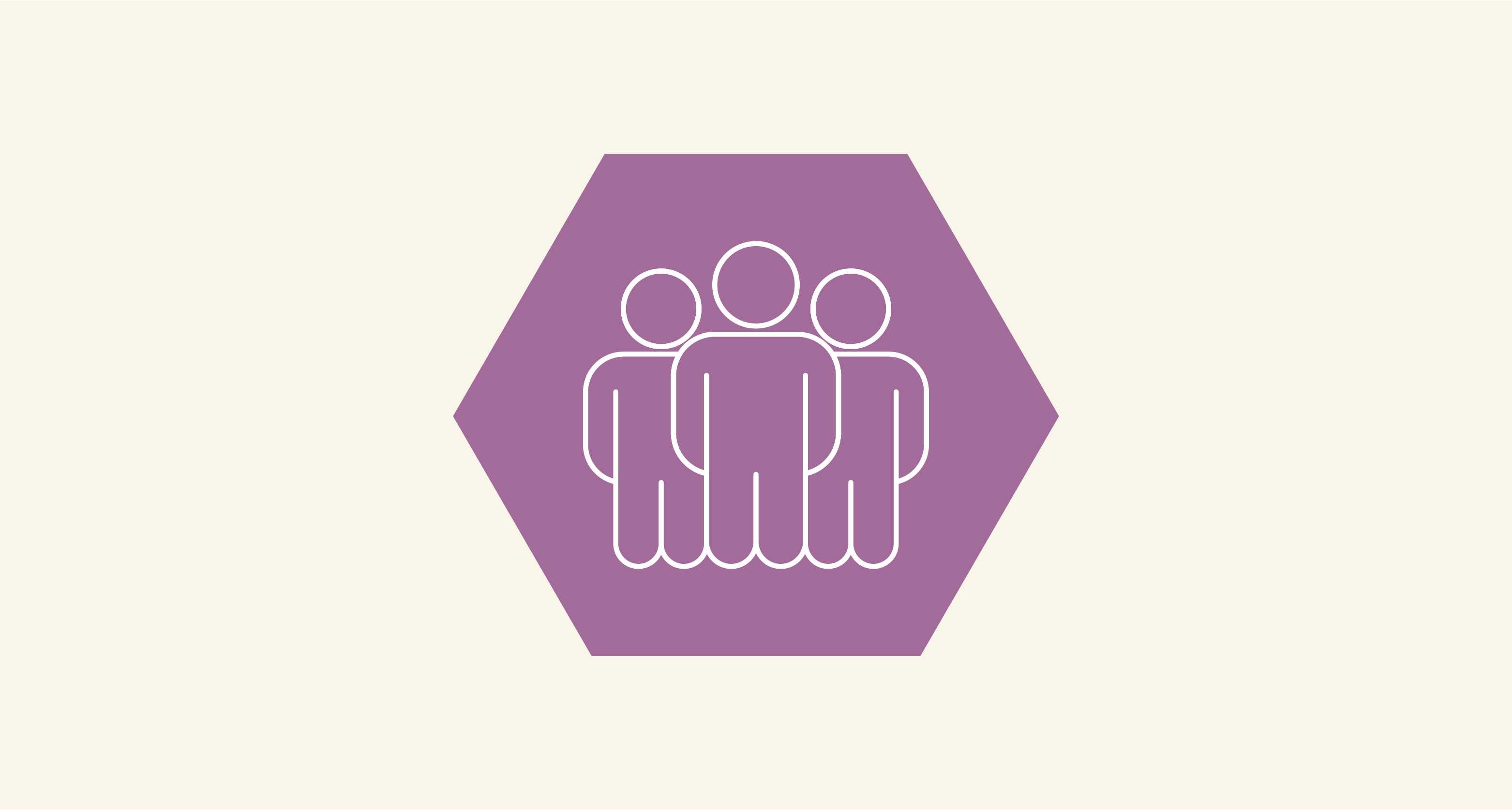 A purple hexagon shape featuring a white icon of three people.