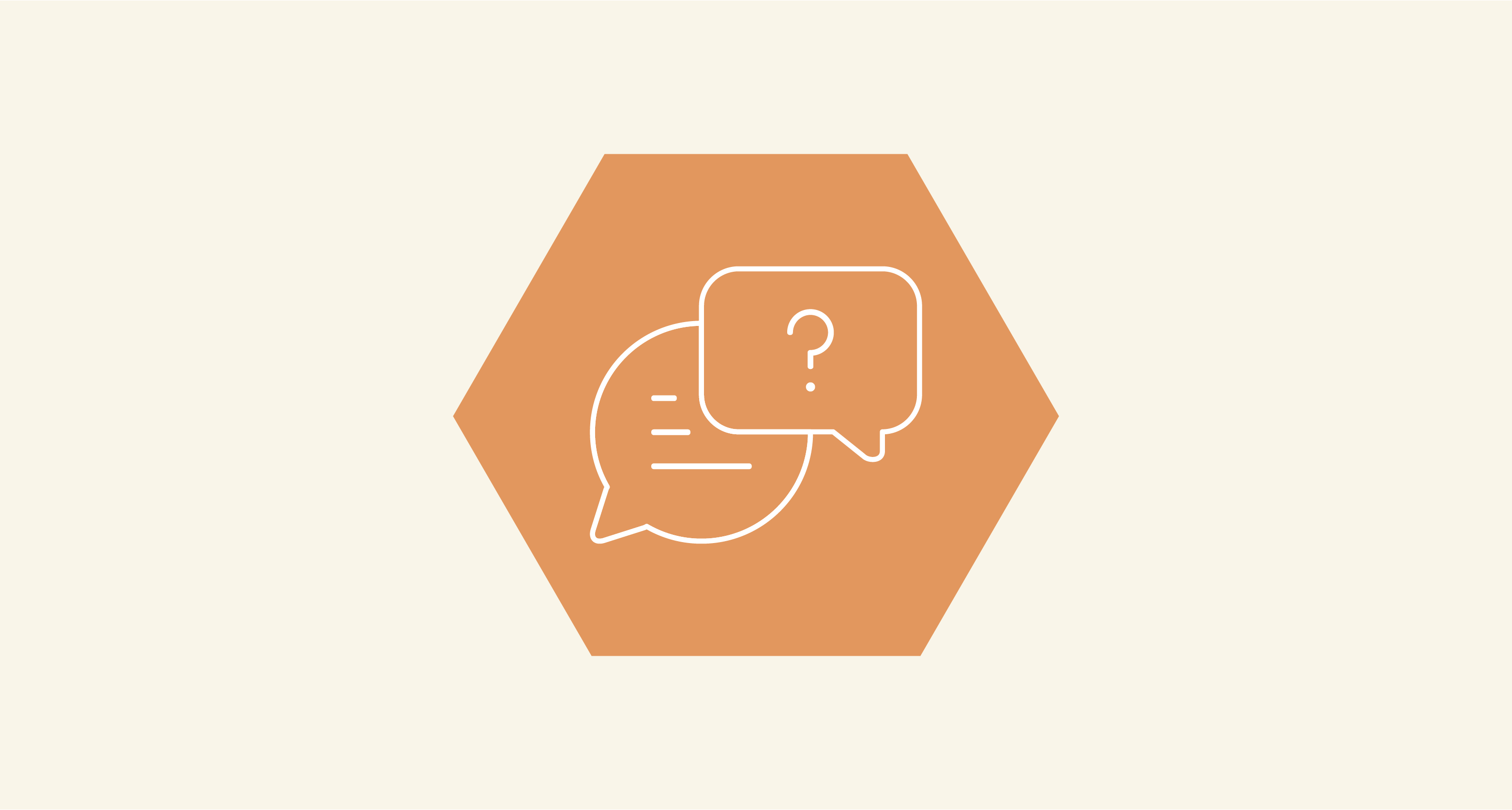 An orange hexagon shape featuring a white icon of two speech bubbles.