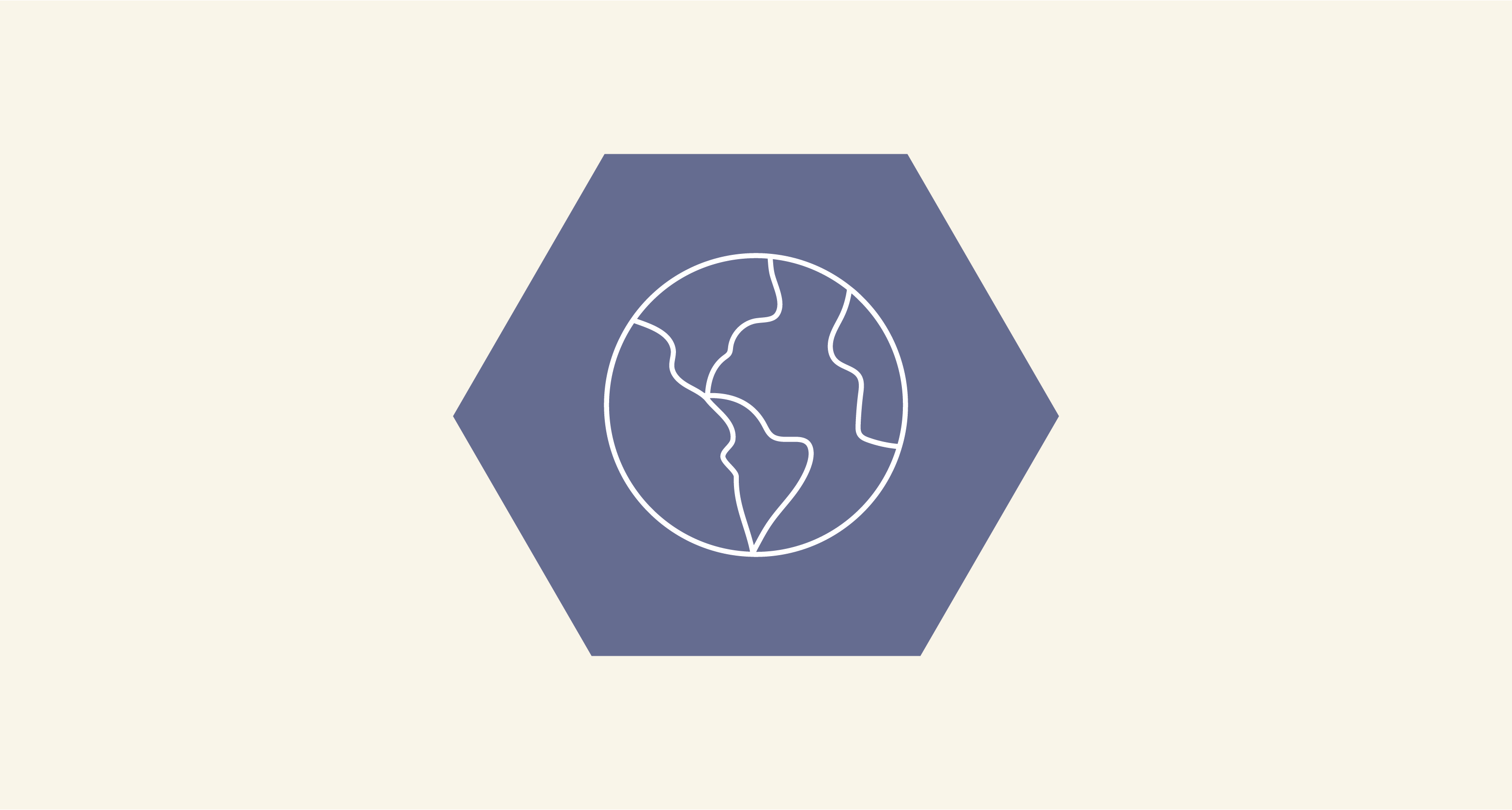 A blue hexagon shape featuring a white icon of a globe.