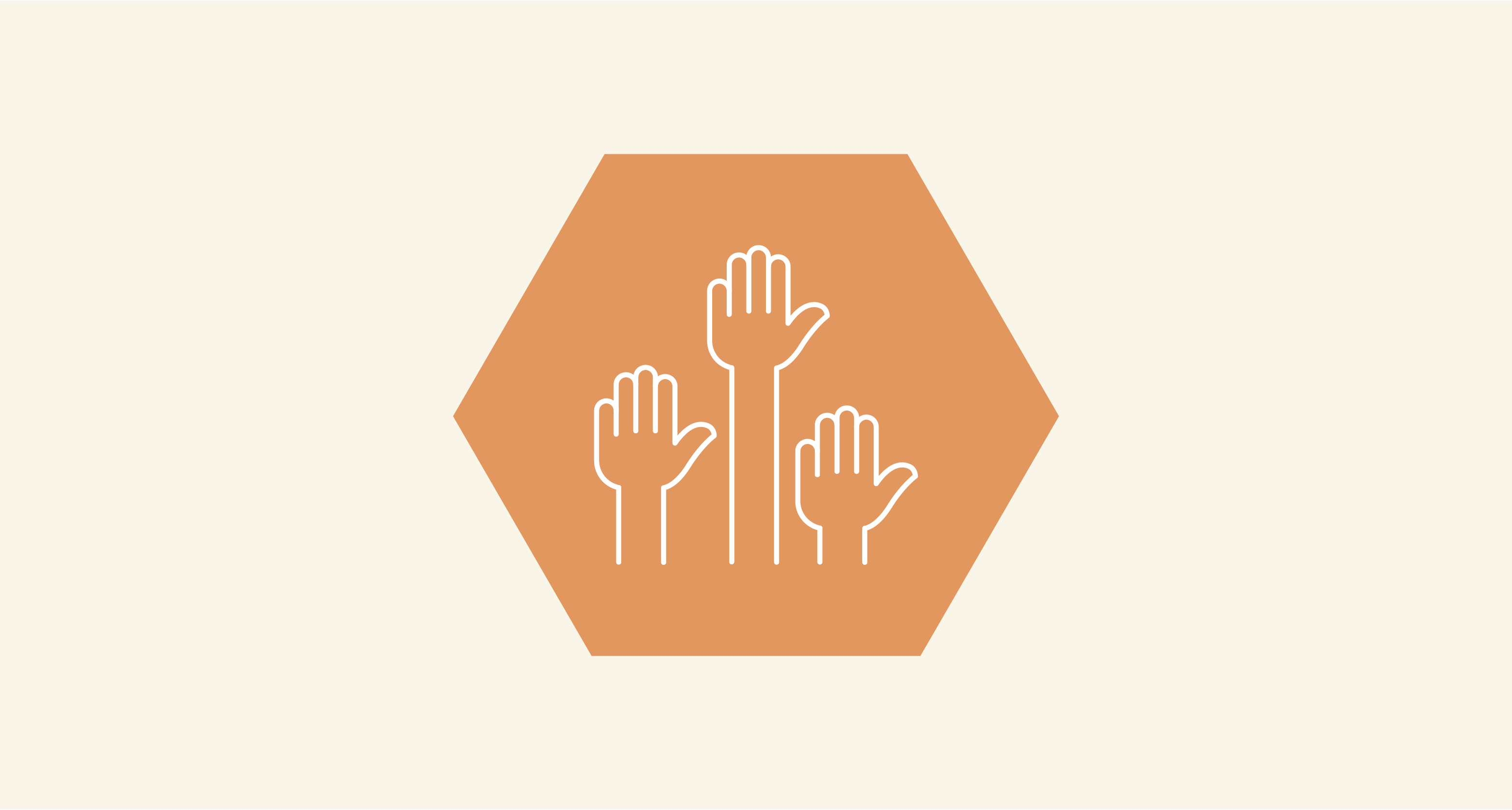 An orange hexagon shape featuring a white icon of three raised hands.