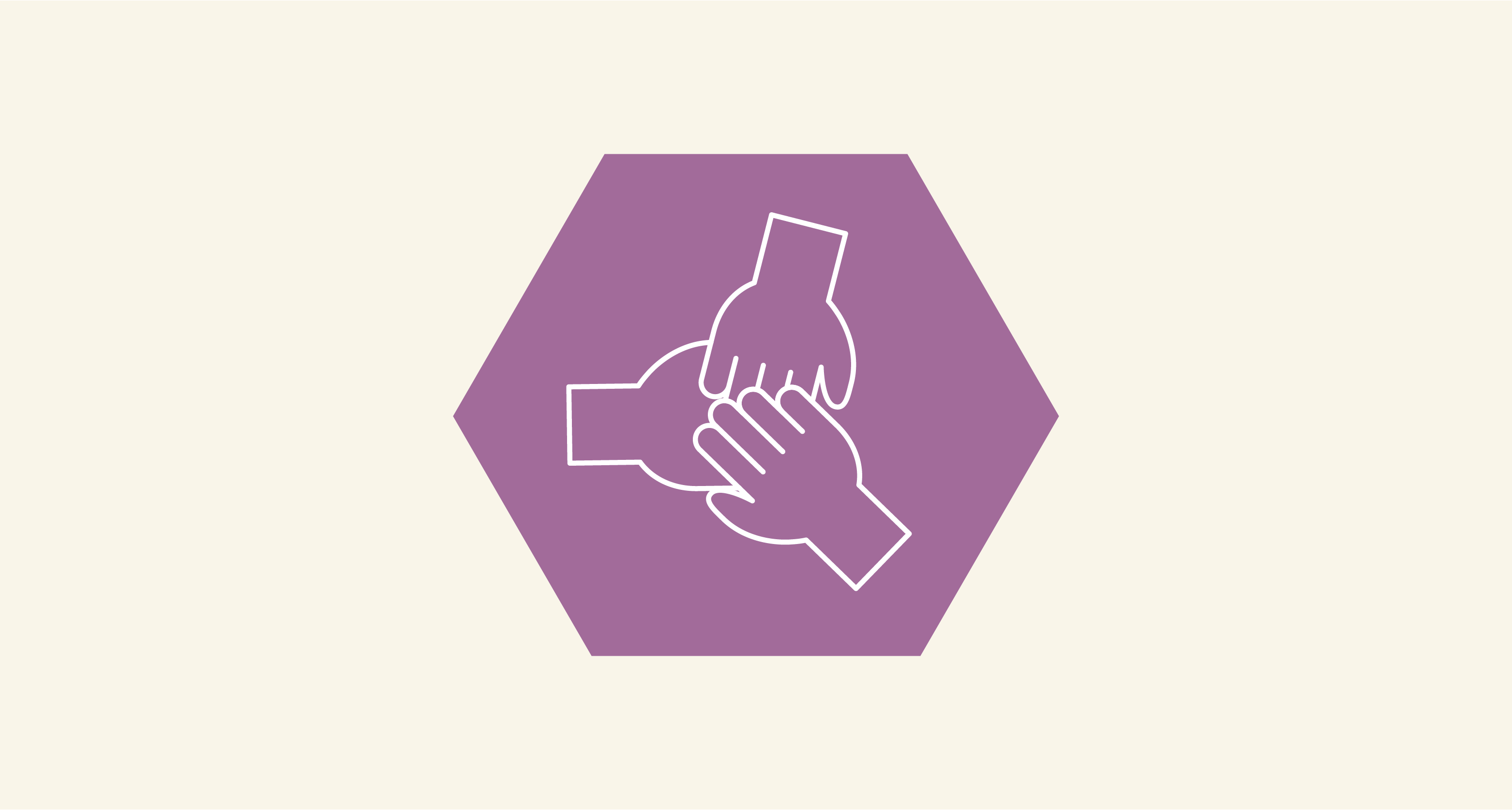 A purple hexagon shape featuring a white icon of three hands stacked inwards.