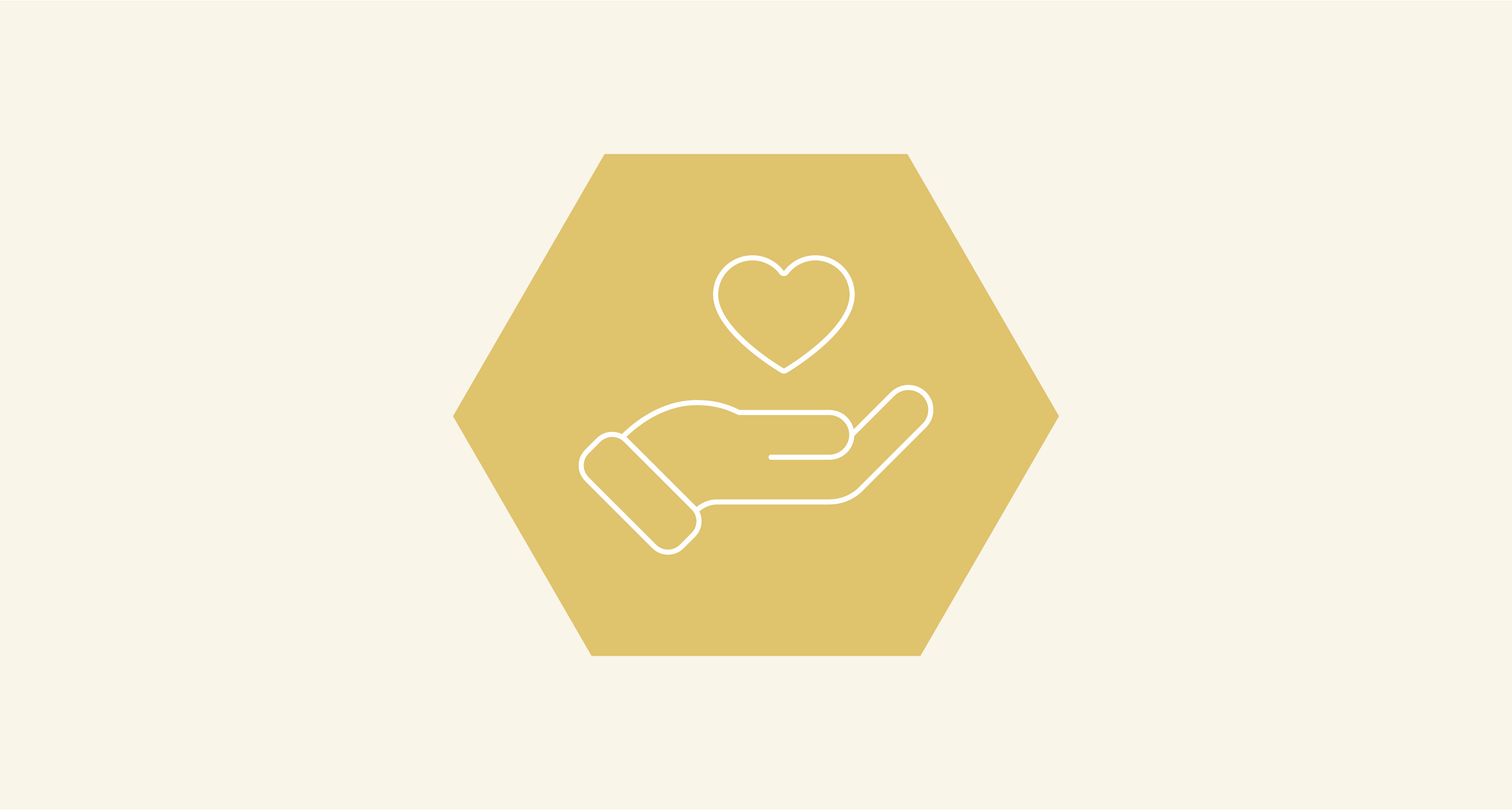 A yellow hexagon shape featuring a white icon of an open hand with a heart floating above.