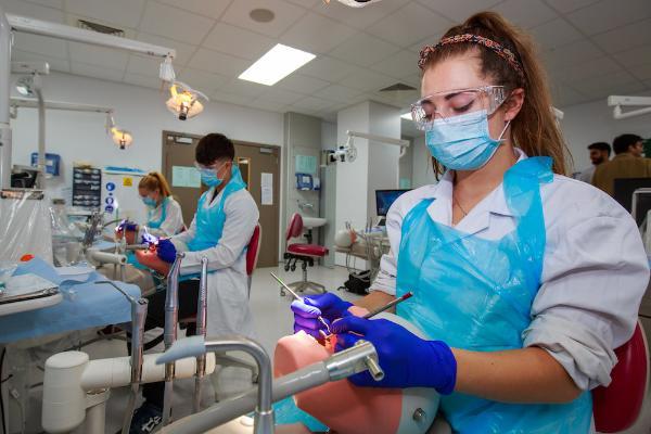 Four dental students in masks and aprons practising on models