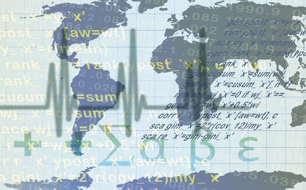 A graphic showing figures, symbols and graphs overlaid on a map of the world