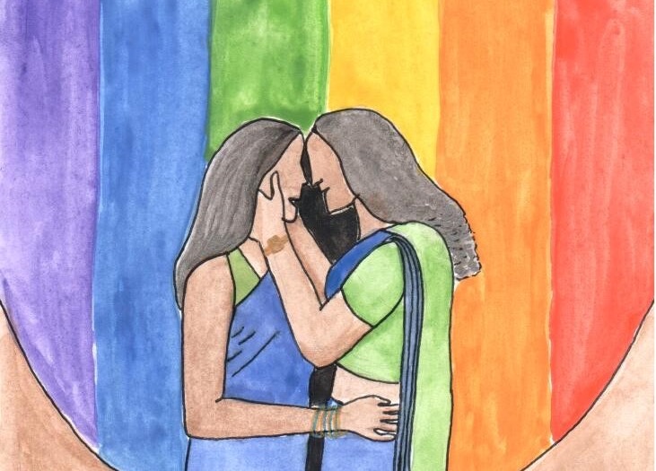 A painting of two women with a rainbow background