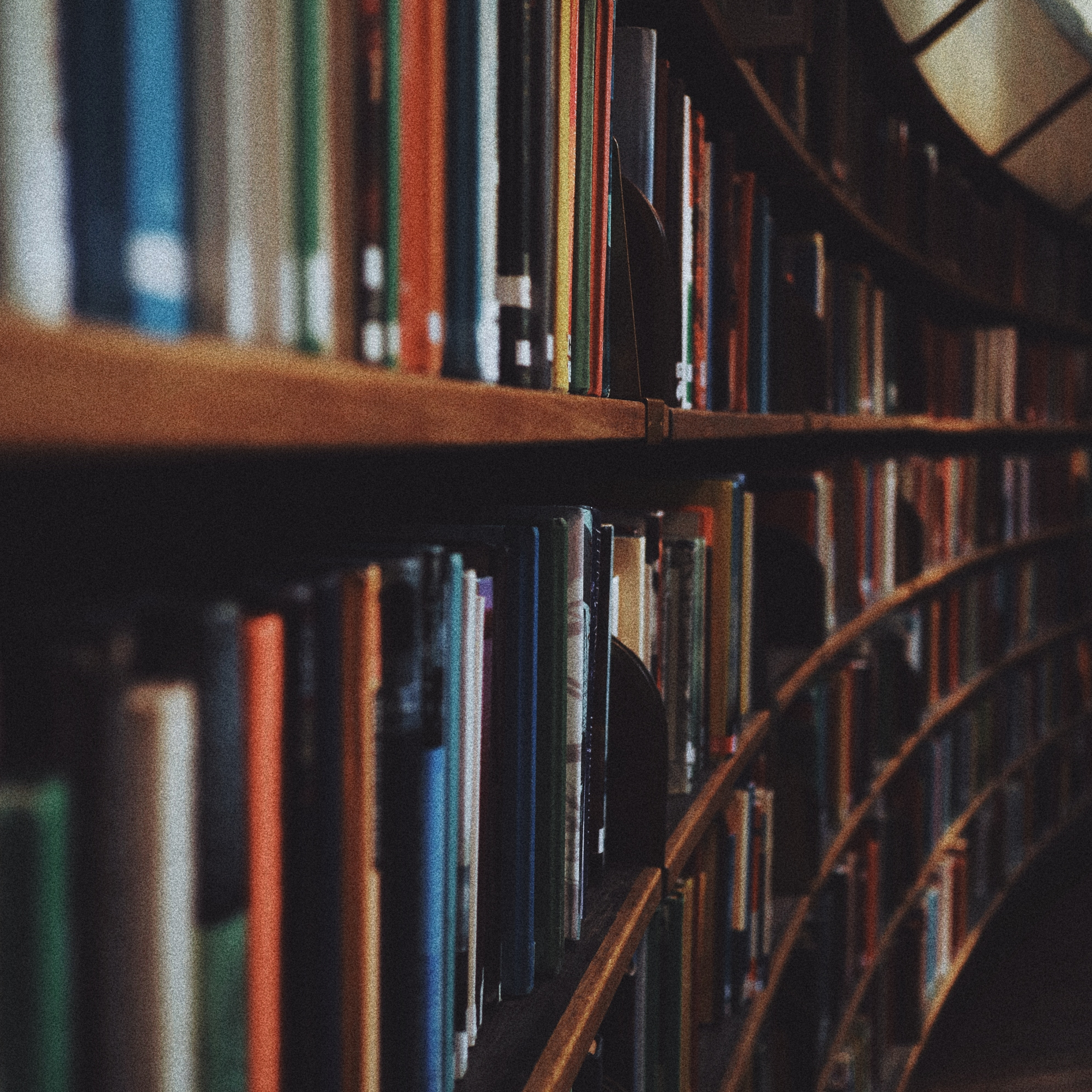 Two shelves of books in a library