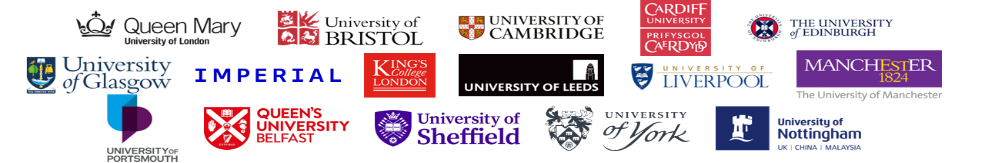 the insititutional logos of Queen Mary University of London, Unviersity of Bristol, University of Cambridge, Cardiff University, University of Glasgow, Imperial College London, King's College London, University of Leeds, University of Liverpool, University of Nottingham, Portsmouth University, Queens University Belfast, and University of York