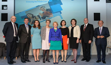 Left to right: Rt Hon Vince Cable (Secretary of State for Business), Antony Jenkins (Group CEO Barlcays), Denise Wilson (Women on Boards Steering Group), Caroline Turner (report co-author), Prof Susan Vinnicombe (report co-author), Dr Elena Doldor (report co-author), Rt Hon Maria Miller (Secretary of State for Culture, Minister for Women and Equalities), Mark McLane (Global Head of Diversity and Inclusion, Barclays), and Lord Mervyn Davies (Women on Boards Steering Group).