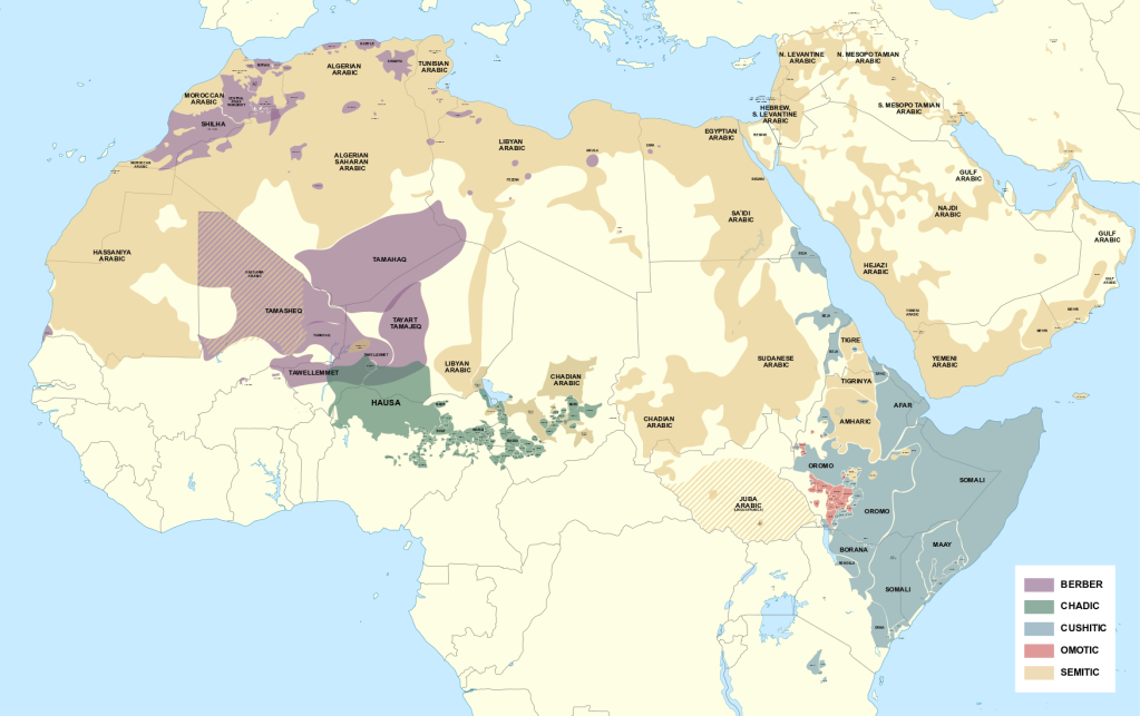 A detailed map of Afroasiatic languages from https://commons.wikimedia.org/wiki/File:Detailed_Afroasiatic_map.svg