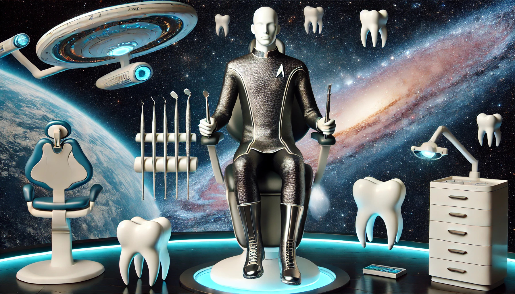 Created using AI: A futuristic figure in space with dental tools and equipment floating around.