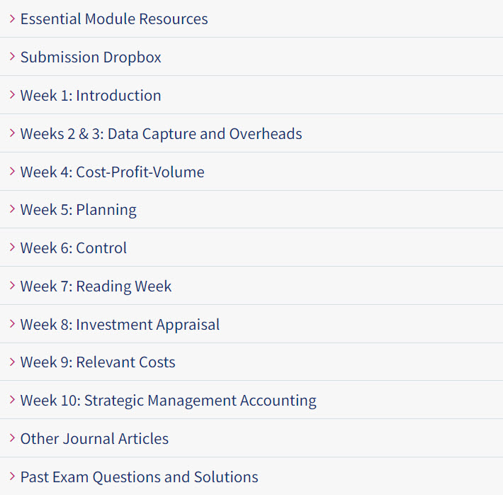 A module that is taught over twelve weeks where each week includes readings, lecture notes, formative assessment and lecture recordings.